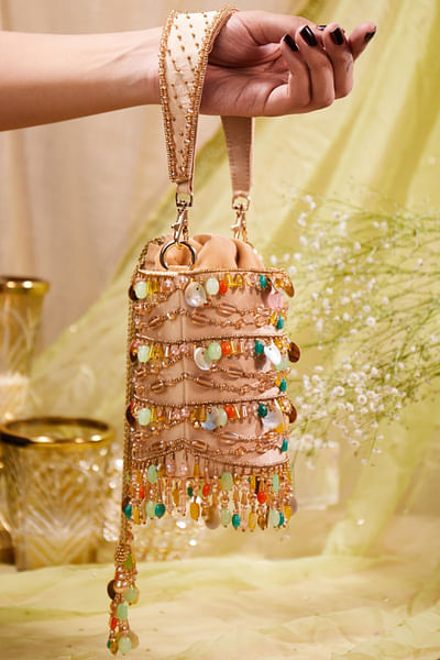 Multicolour cutdana embellished bucket bag