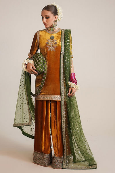 Mustard gold sequin embroidered sharara set