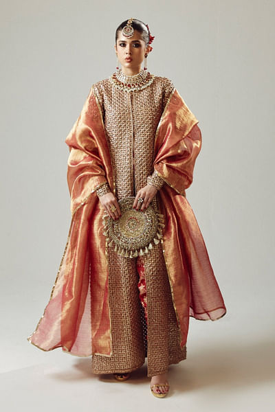 Red sequin embroidered front-open kurta set
