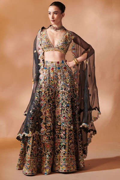 Black gota embroidered cape sharara set