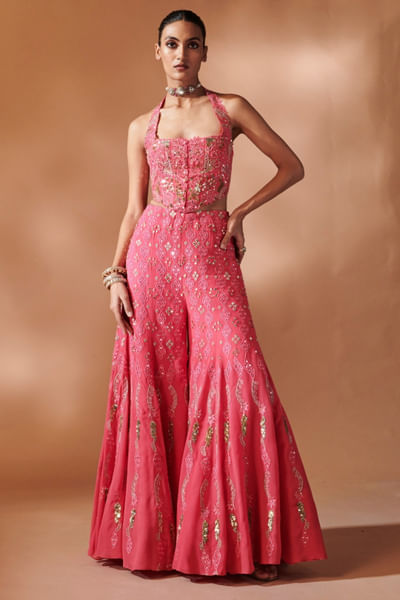 Pink sequin embroidered corset sharara set