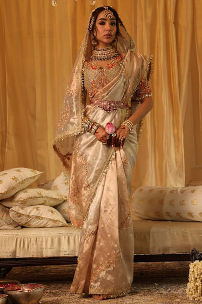 Rose gold zardozi embroidered sari set