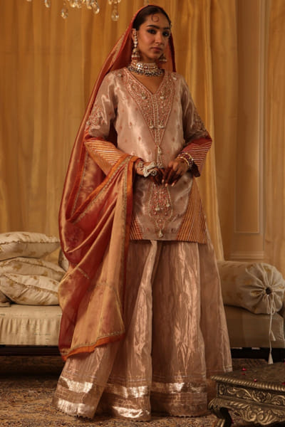 Rose gold zari embroidered sharara set