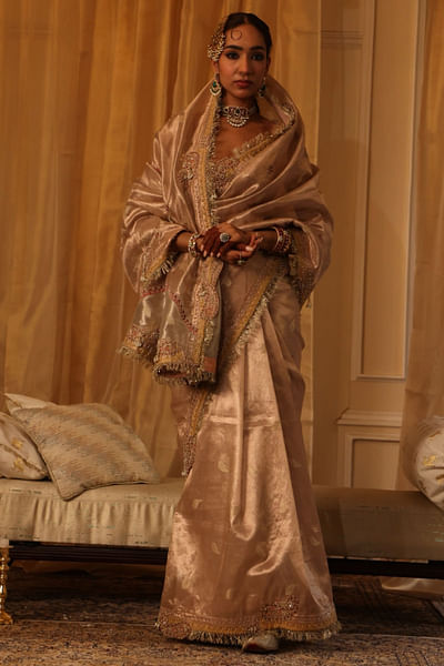 Rose gold hand embroidered sari set