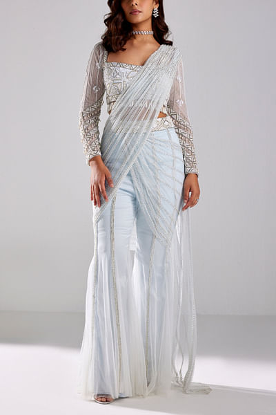 Ice blue embroidered draped pant sari set