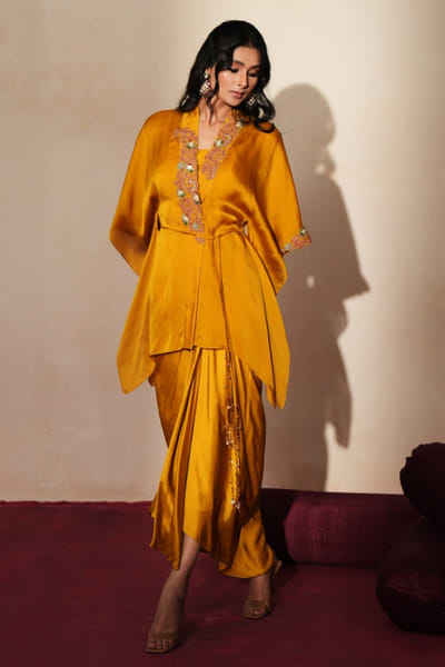 Golden yellow resham embroidered skirt set