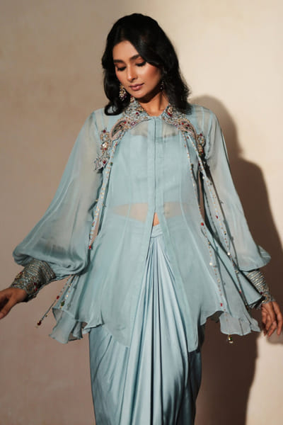 Metallic pastel blue embroidered skirt set