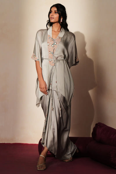 Metallic grey resham embroidered skirt set
