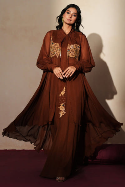 Metallic brown zardozi embroidered cape set