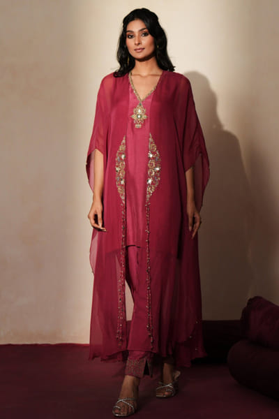 Metallic mauve pink embroidered Kurta set