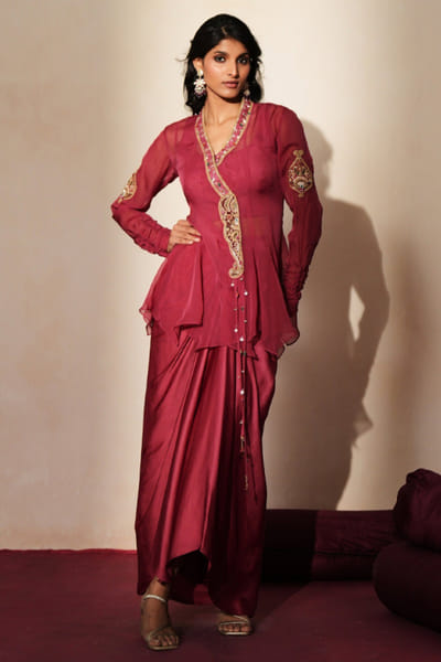 Metallic mauve pink embroidered skirt set