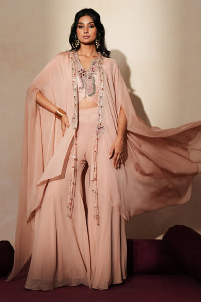 Metallic soft pink dori embroidery sharara set