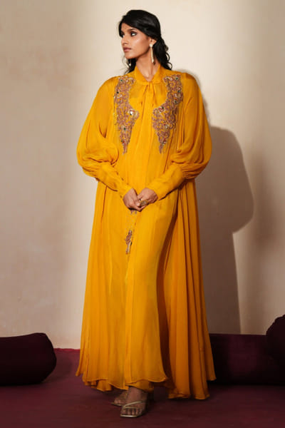 Golden yellow dori embroidered cape jacket set
