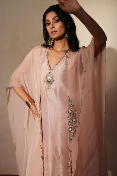 Metallic soft pink embroidery kurta set