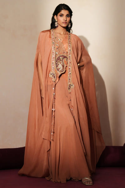 Metallic mocha dori embroidered sharara set