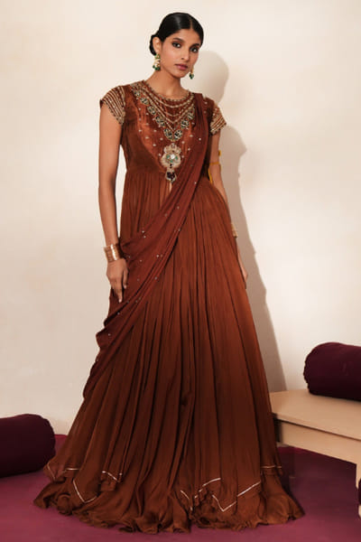 Metallic brown embroidered anarkali skirt set