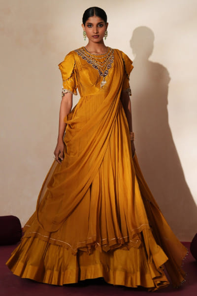 Golden yellow embroidered anarkali skirt set