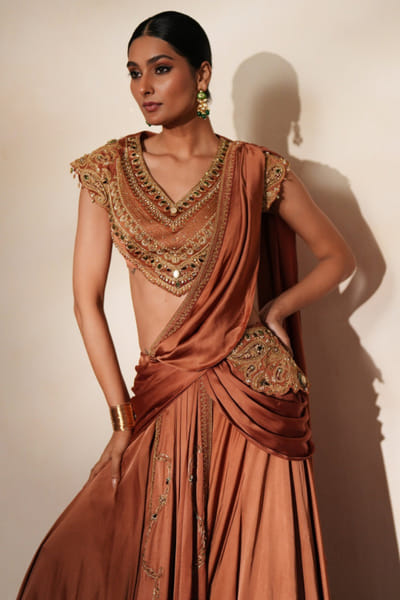 Isha Gupta Tayal Metallic mocha embroidered pre draped sari set ISHDEC25D133699