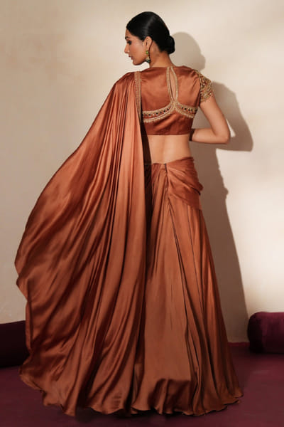 Isha Gupta Tayal Metallic mocha embroidered pre draped sari set ISHDEC25D133699