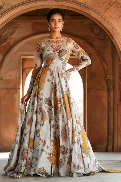 Grey floral print and embroidery anarkali set
