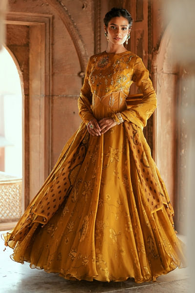 Gold floral print and embroidery anarkali set