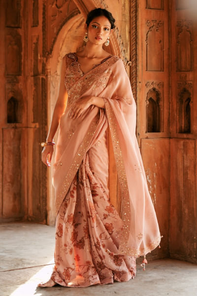 Powder pink floral embroidered sari set