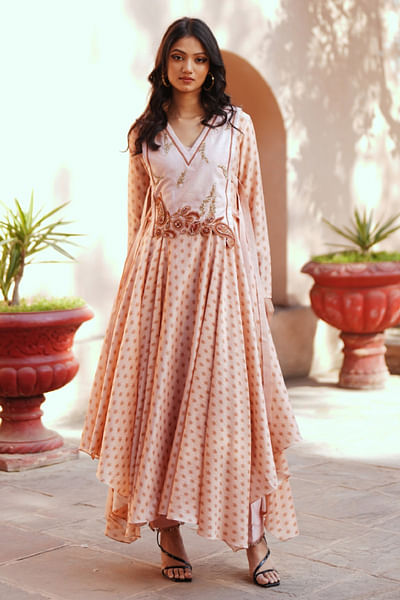 Powder pink embroidered overlay and kurta set
