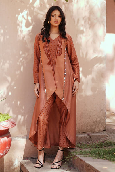 Mocha embroidered jacket and kurta set