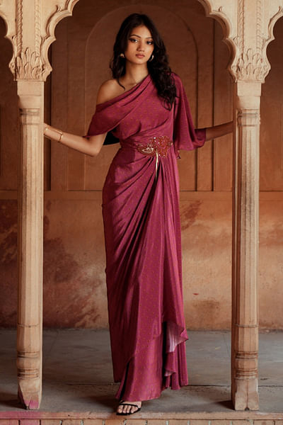 Mulberry pink printed one-shoulder drape dress