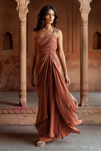 Mocha print and embroidered drape dress