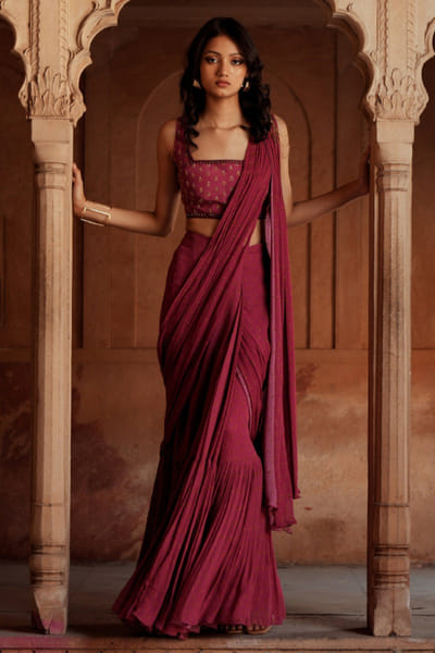 Mulberry pink printed and pre-draped sari set