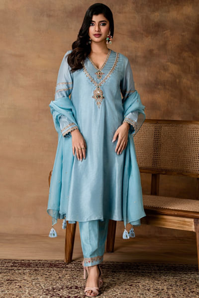 Pastel blue embroidered kurta set