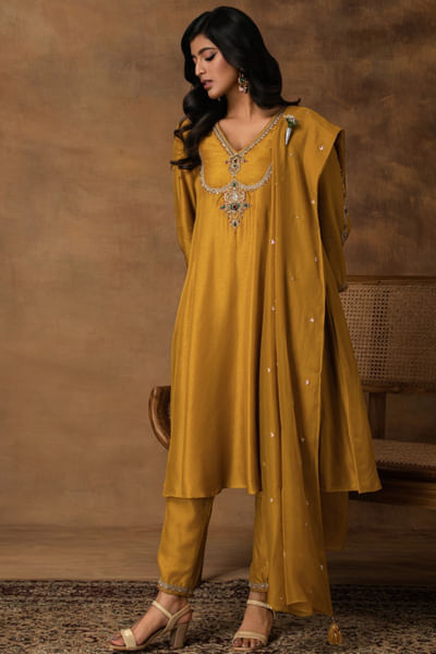 Yellow embroidered kurta set