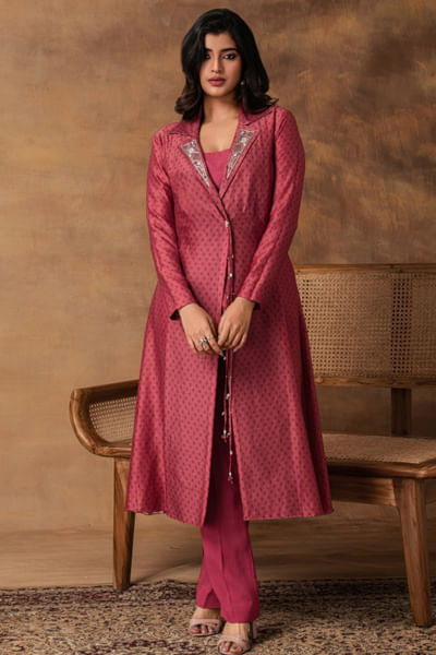 Pink printed jacket kurta set