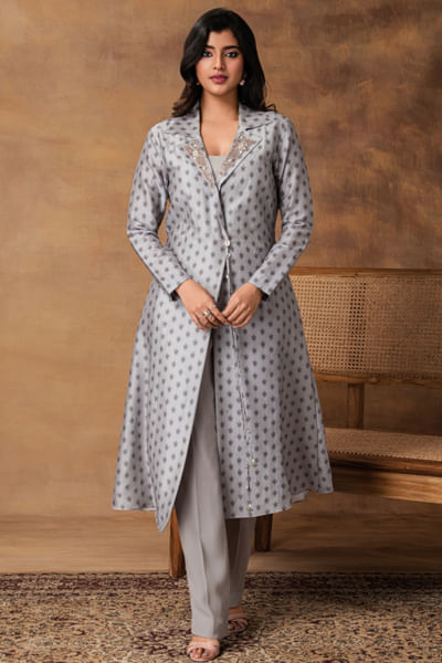 Grey printed jacket kurta set