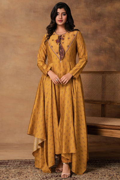 Mustard asymmetric kurta set