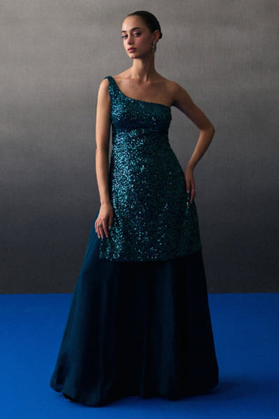 Peacock blue sequinned kurta sharara set