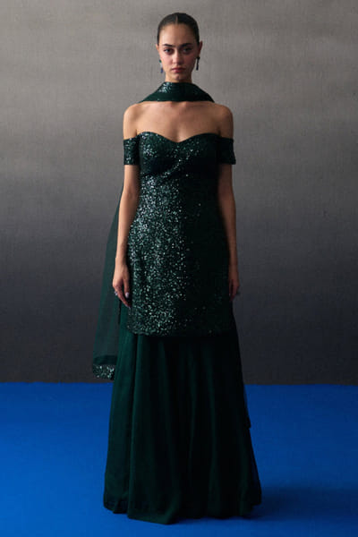 Green sequin embellished kurta sharara set