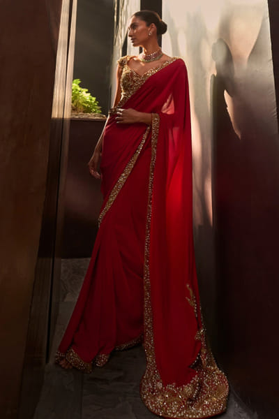 Red sequin embroidered sari set