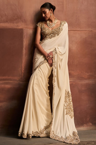 Ivory gold embroidered sari set