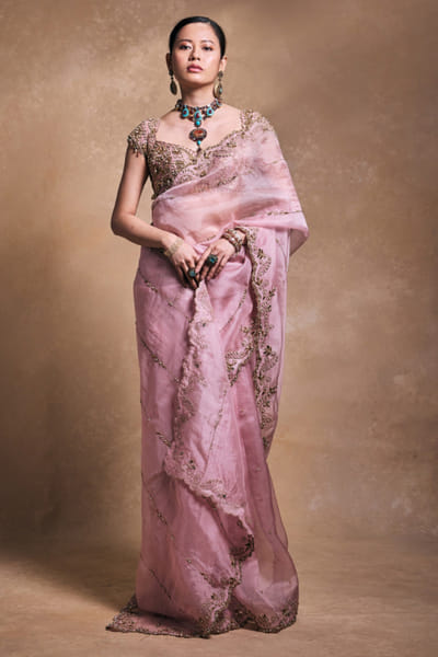 Blush pink pearl embroidered sari set