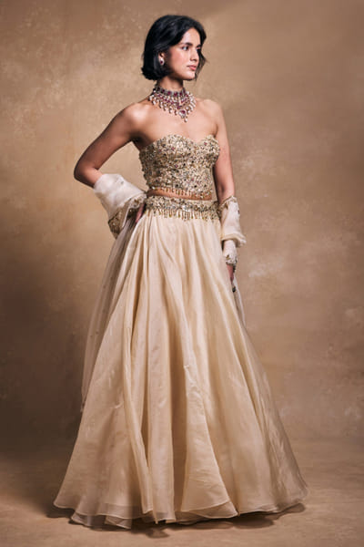 Cream mirror embroidered lehenga set