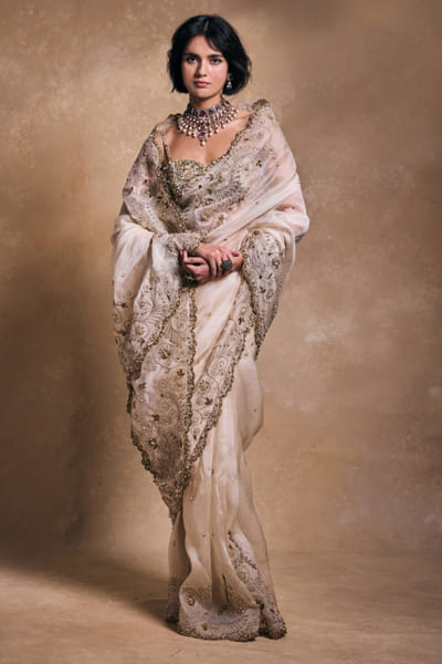 Cream dori embroidered sari set