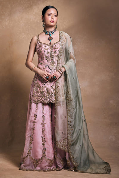 Pink and Green zari embroidered sharara set
