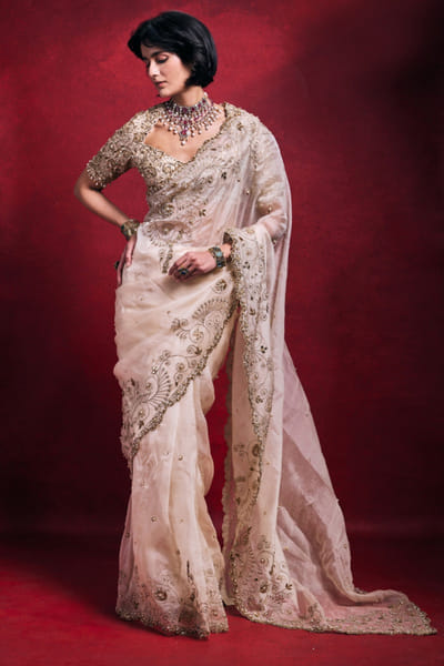 Cream stone embellished sari set