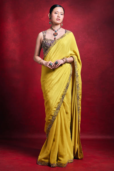 Yellow and purple pearl embroidered sari set