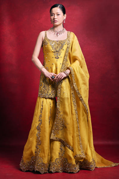 Mustard resham embroidered gharara set