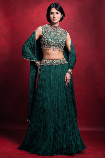 Emerald green zari embroidered lehenga set