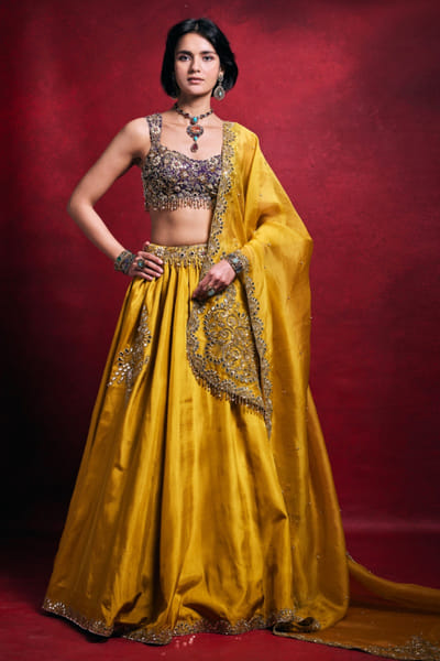 Yellow and purple dori embroidered lehenga set