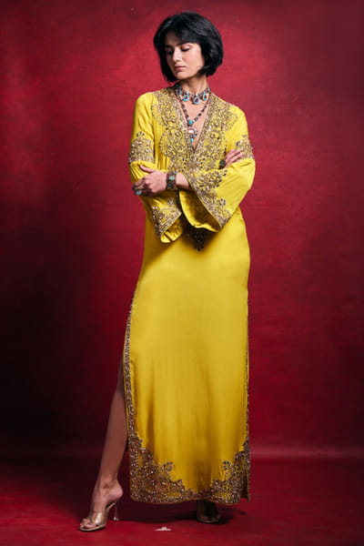 Yellow mirror embroidered kaftan